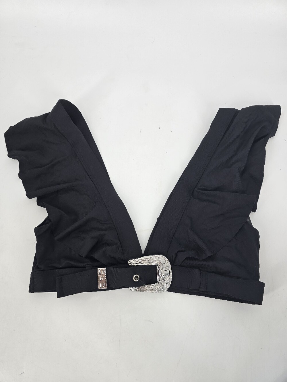 Onia x WeWoreWhat Black Belted Bikini Top Ruffle Sleeves Size S